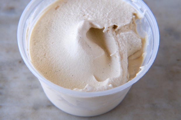 honey ice cream in container ready to go into freezer