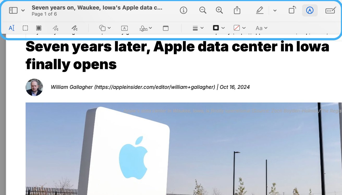 Article about Apple data center in Iowa opening, featuring a photo of the Apple logo on a building against a clear sky.