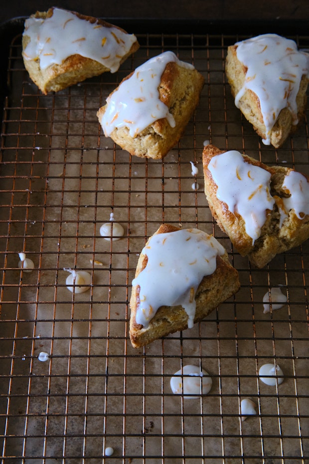 Lime Scones on a Cooling rack after being iced