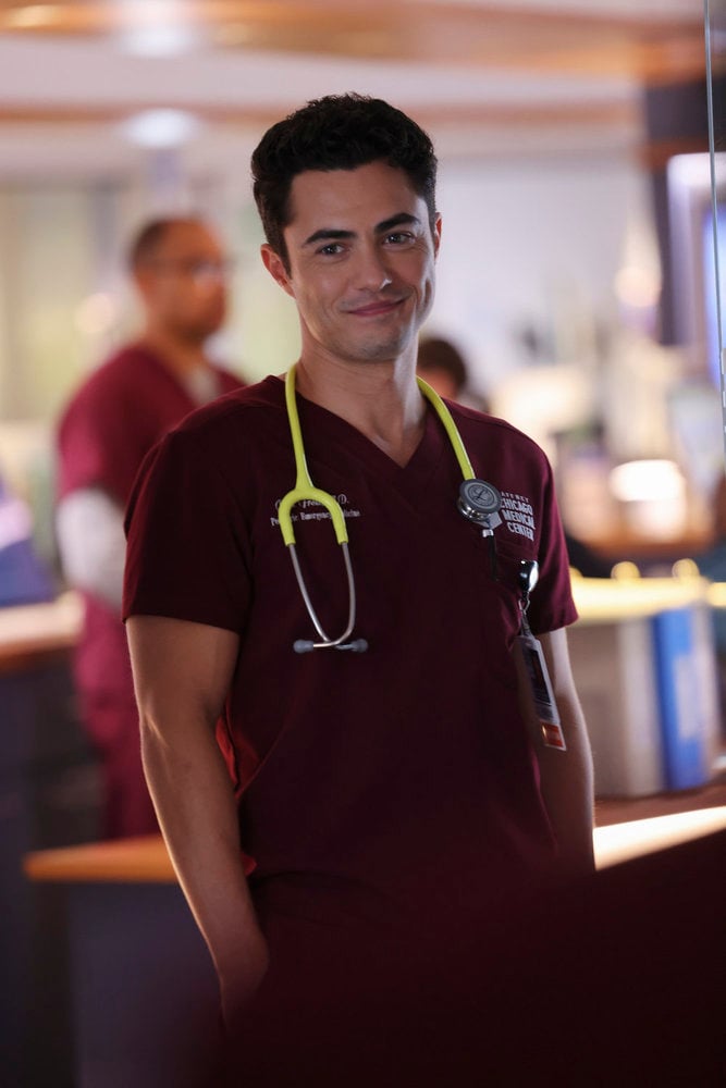 John Frost wearing a yellow stethoscope on Chicago Med Season 10 Episode 3