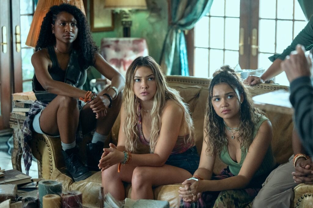 Carlacia Grant as Cleo, Madelyn Cline as Sarah Cameron, Madison Bailey as Kiara in episode 402 of Outer Banks.