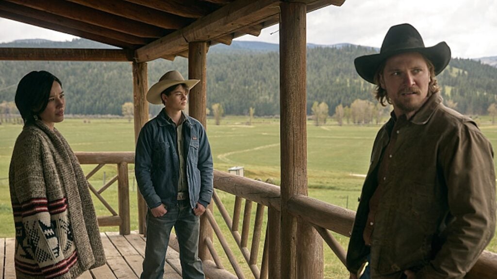 L-R: Kelsey Asbille as Monica Long, Brecken Merrill as Tate Dutton, Luke Grimes as Kacey Dutton on episode 509 of Paramount Network's Yellowstone