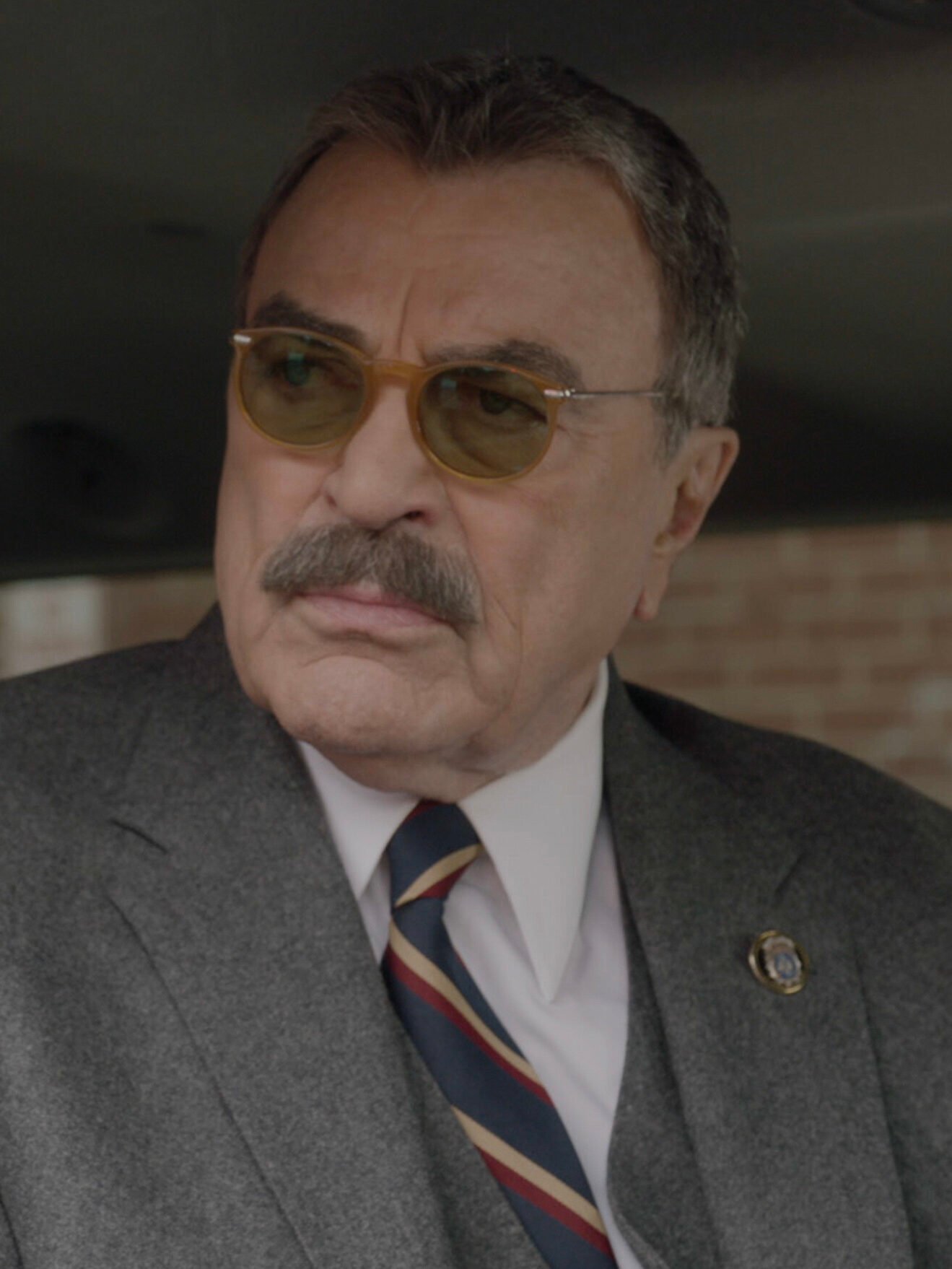 Frank sitting in the back of his government-driven car, looking serious with sunglasses on, on Blue Bloods Season 14 Episode 18