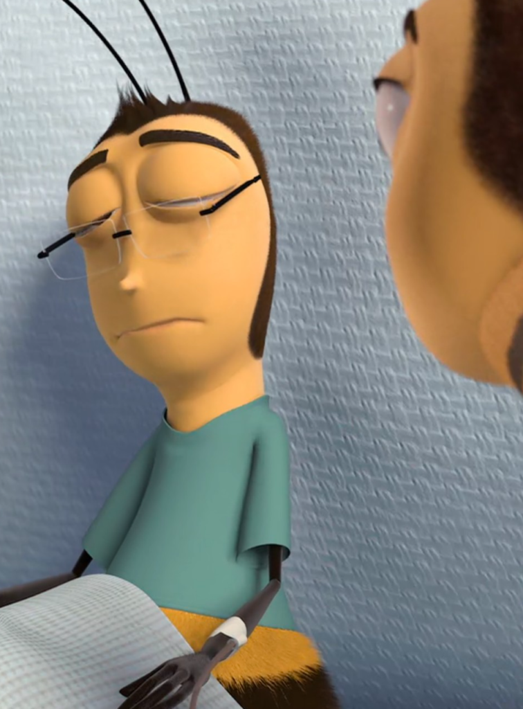 A bee wearing glasses rests in the hospital while his friend talks to him.