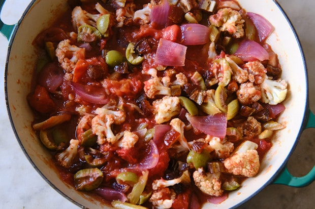 caponata ingredients in wide dish before baking