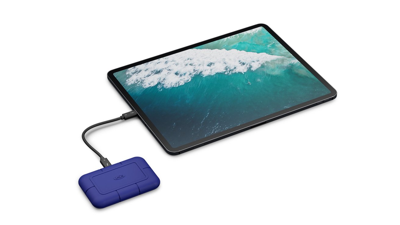 An SSD plugged into an iPad Pro 