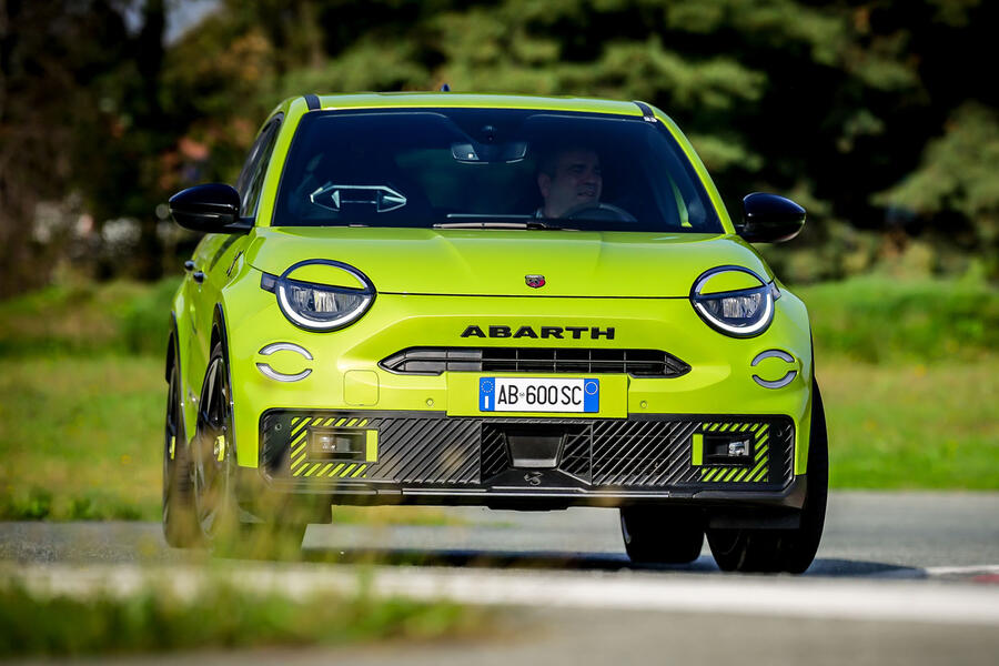 Abarth 600e cornering – front